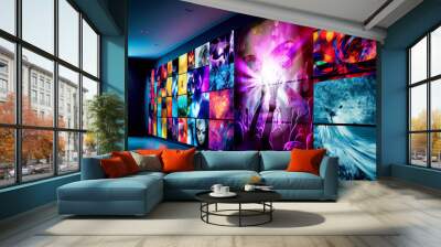 Video wall with multimedia images on different television screens, monitor, image, program, broadcasting, bright, colorful, technology, multicolored, display, media, communication, background Wall mural