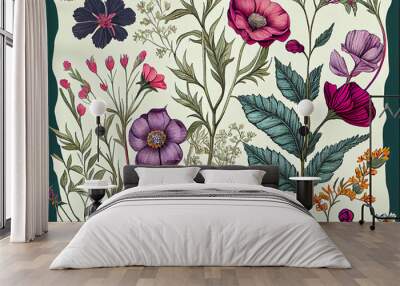 wild flowers floral pattern in a vintage print style ideal for backgrounds Wall mural