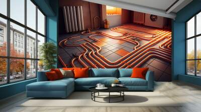 underfloor heating system installation. radiant floor heating pipe system. Generative AI Wall mural