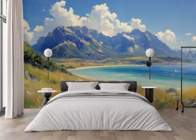 A painting of a beach with a mountain in the background Wall mural