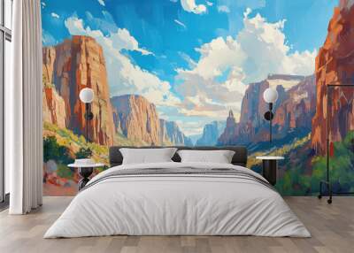 A painting of a canyon with mountains in the background Wall mural