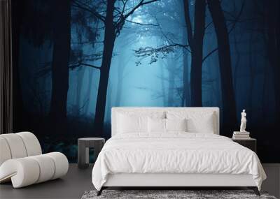 Dark forest path emerging from fog on halloween night Wall mural