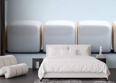 Five blank white cubes sitting in a row on a white background Wall mural