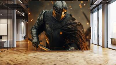 knight in full armor, helmet in battle Wall mural