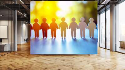 Row of colorful figurines holding hands, representing diversity, unity, and teamwork Wall mural