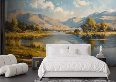 vintage muted colors oil painting of the countryside with a lake mountains in background and clear sky Wall mural