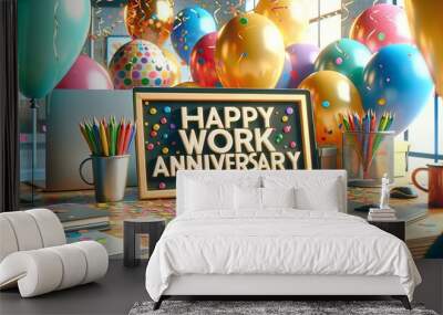 Celebratory Office Desk Decorated with Sign Happy Work Anniversary Wall mural