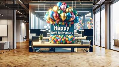 Happy Work Anniversary Celebration in Modern Office Wall mural