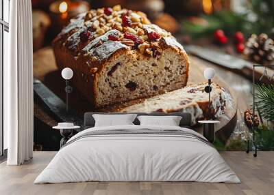 A rustic loaf of freshly baked Christmas bread studded with nuts and dried fruit being sliced at a festive breakfast table. Wall mural