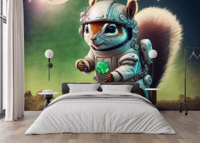 cheerful squirrel in space suit with green emerald suitable as background or cover Wall mural