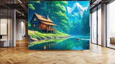 A cabin deep in the Forest with a river flowing next to it, tranquil scene Wall mural