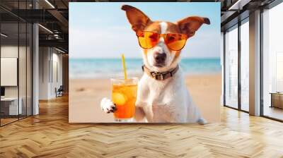 A dog in sunglasses holds a glass filled with a refreshing drink Wall mural