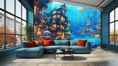 Colorful underwater city building with colorful coral reefs. Anime art style Wall mural