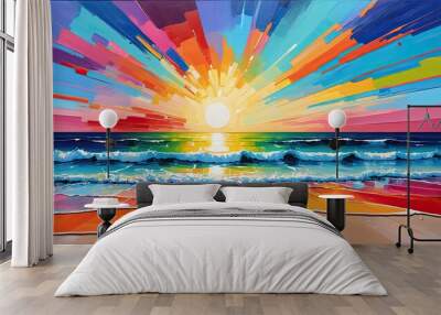 oil painting of colorful beach, sunset over the sea, abstract rainbow background Wall mural