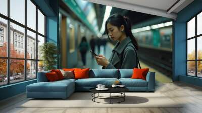 Young asian woman using smartphone in subway station, showcasing modern urban life and digital connectivity. Wall mural