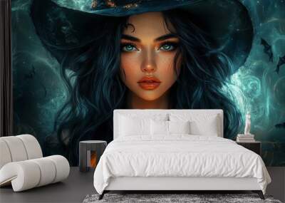 Beautiful witch with glowing pumpkin on Halloween night

 Wall mural