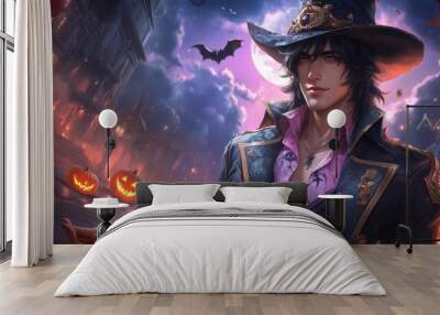 Beautiful witch with glowing pumpkin on Halloween night

 Wall mural