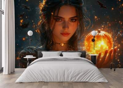 Beautiful witch with glowing pumpkin on Halloween night

 Wall mural