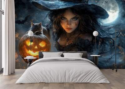 Beautiful witch with glowing pumpkin on Halloween night

 Wall mural