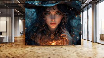 Beautiful witch with glowing pumpkin on Halloween night

 Wall mural