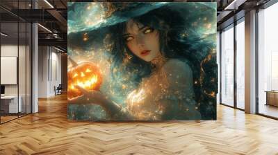 Beautiful witch with glowing pumpkin on Halloween night

 Wall mural