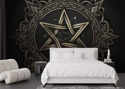 Intricate silver pentagram medallion with ornate design

 Wall mural