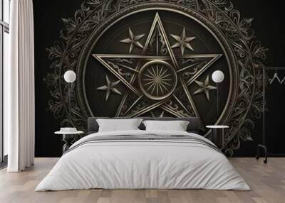 Intricate silver pentagram medallion with ornate design

 Wall mural