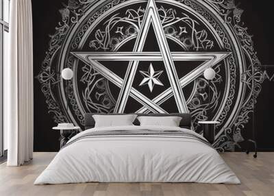 Intricate silver pentagram medallion with ornate design

 Wall mural