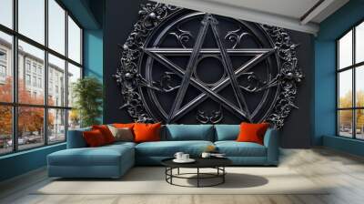 Intricate silver pentagram medallion with ornate design

 Wall mural