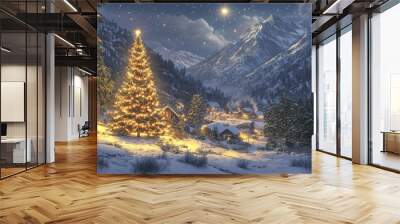 Majestic Christmas tree in snowy mountain landscape at dusk

 Wall mural