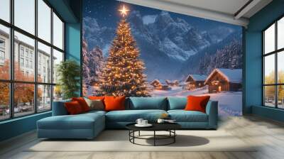 Majestic Christmas tree in snowy mountain landscape at dusk

 Wall mural