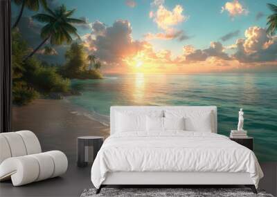 Tropical beach sunset with palm trees and calm ocean

 Wall mural