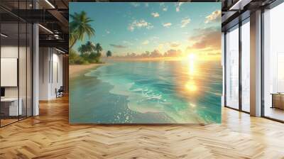 Tropical beach sunset with palm trees and calm ocean

 Wall mural