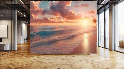 Tropical beach sunset with palm trees and calm ocean

 Wall mural