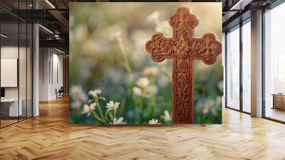 Wooden Cross in Blooming Flower Field
 Wall mural