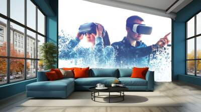 A man and a woman in glasses of virtual reality. The concept of modern technologies and technologies of the future. Fragmented by pixels. VR glasses. Wall mural