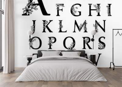 All-caps handmade floral typeface, serif letters decorated with flowers Wall mural