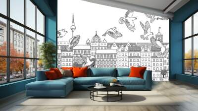 berlin, germany - hand drawn black and white cityscape with birds Wall mural