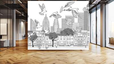 birds over toronto - hand drawn black and white illustration of the city with a flock of pigeons Wall mural