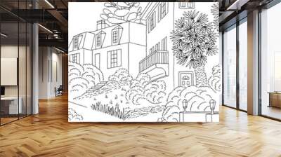 Hand drawn black and white illustration of a middle class suburban neighbourhood with houses, yard, pavement and trees Wall mural