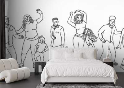 Hand drawn group of diverse people, children and adults, dancing happily together Wall mural