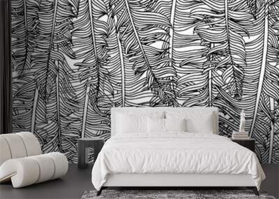 Hand drawn seamless background of ink feathers Wall mural