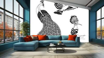 Ink illustration of birds - the hoopoe and the peacock Wall mural