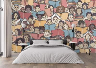 Seamless banner of children reading colorful books, 