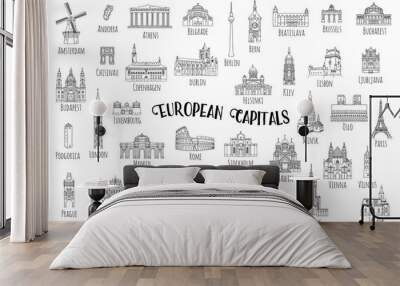 Set of 37 hand drawn landmarks from various European capitals, black ink illustrations Wall mural