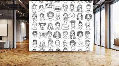 Set of fifty hand drawn diverse faces, black and white portraits of people of color, men and women of African, Asian, Arab and Latin American descent Wall mural