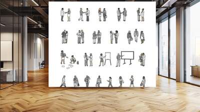 set of tiny hand drawn business people, talking, shaking hands, walking, presenting. diverse women a Wall mural