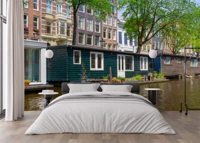 house boat on amsterdam canal Wall mural