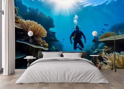 A diver in full gear explores the underwater world. Coral reefs. Underwater space Wall mural