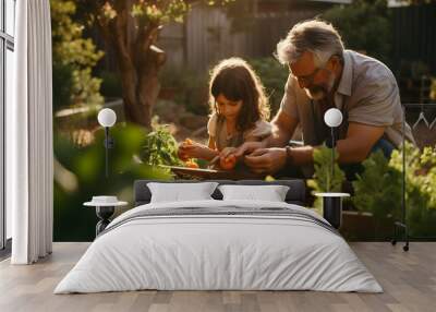 children planting in garden with grandparents  Wall mural